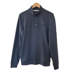 Travis Mathew Sweater Mens Medium Blue Henley Pullover Side Pockets Mock Neck